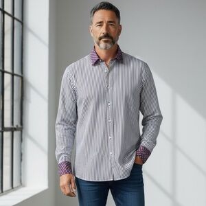 Etro 41 Men’s Purple White Striped Button Down Shirt Bird Print Trim Italy